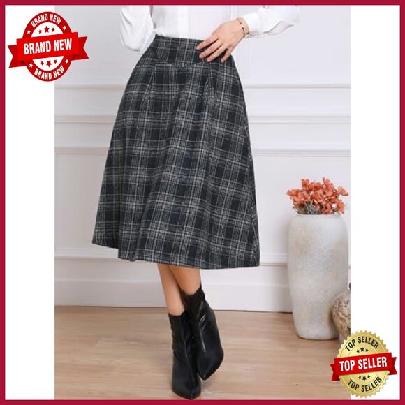 Vintage Tartan A-Line Midi Skirt with Pockets High Waist - Picture 4 of 6